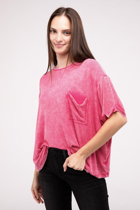 Washed Ribbed Cuffed Short Sleeve Round Neck Top