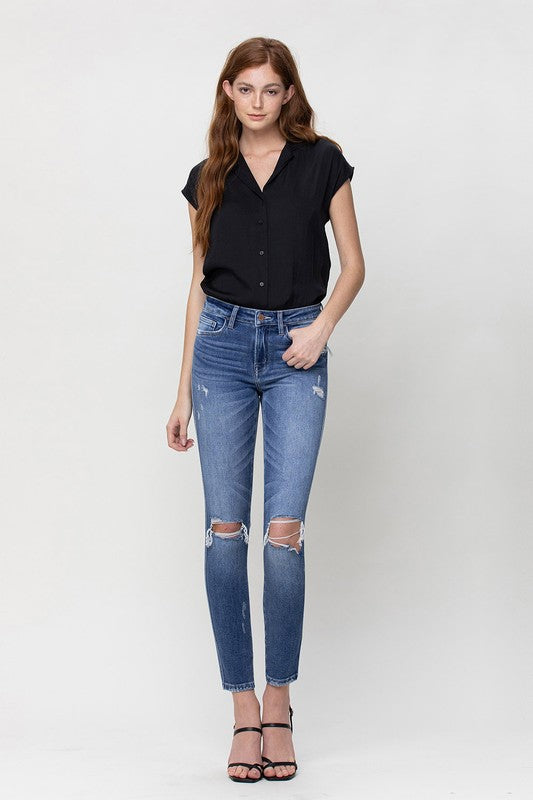 Distressed Mid Rise Ankle Skinny