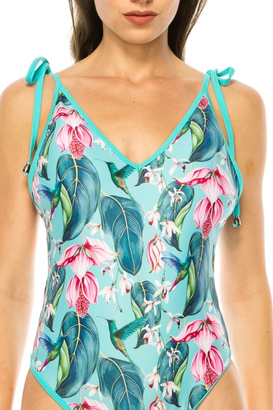 ONE PIECE BATHING SUIT FLORAL PRINT SHOULER TOP TI