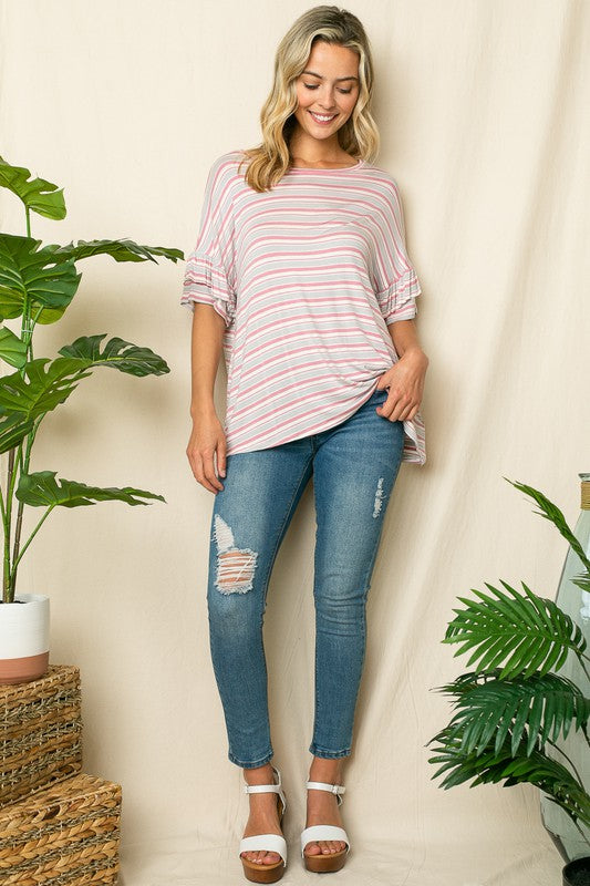 PLUS STRIPE RUFFLE SLEEVE TOP