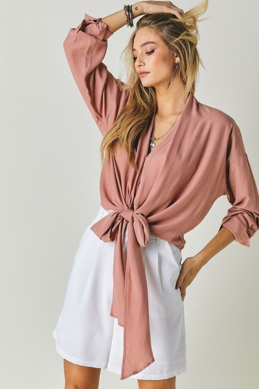 Solid V Neck Long Sleeve Top