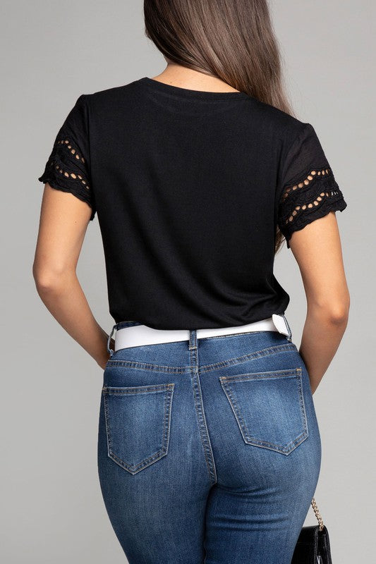 Embroidered eyelet sleeve tee