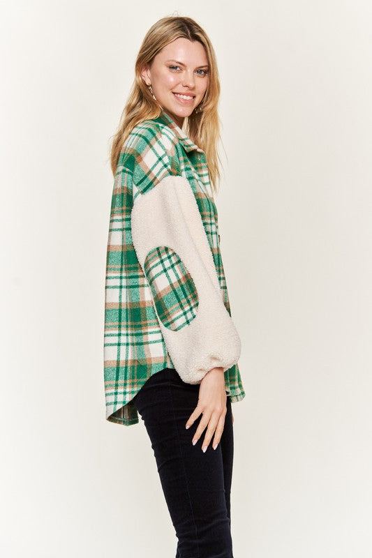 Multi plaid fuzzy sleeve jacket