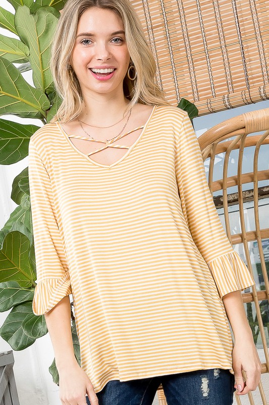 STRIPE LACE UP NECK BASIC TOP