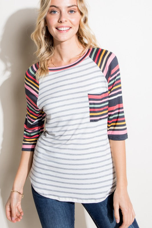 PLUS MULTI STRIPE MIXED POCKET TOP