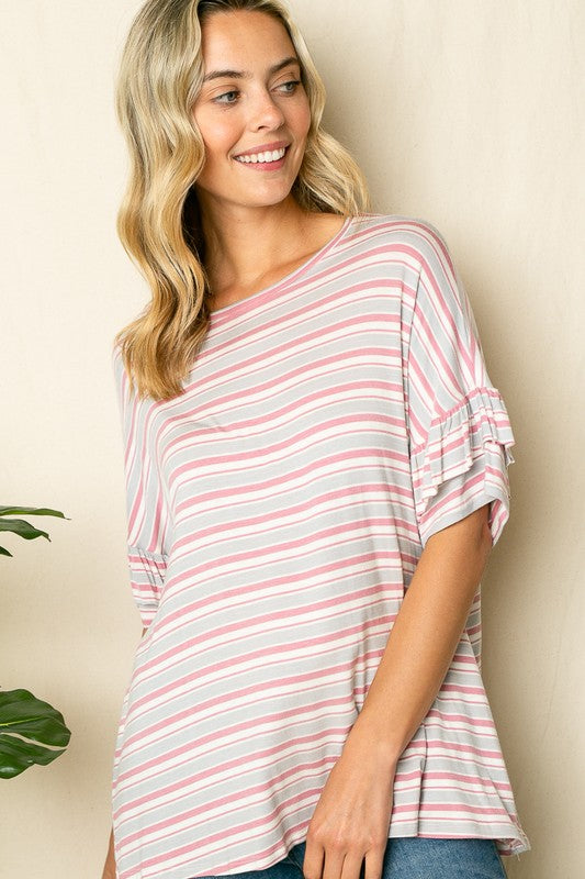 PLUS STRIPE RUFFLE SLEEVE TOP