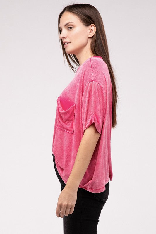 Washed Ribbed Cuffed Short Sleeve Round Neck Top