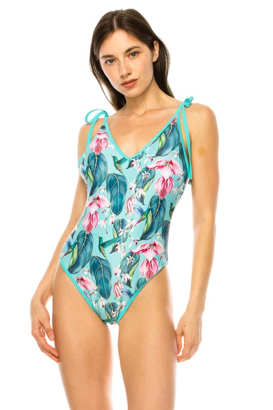 ONE PIECE BATHING SUIT FLORAL PRINT SHOULER TOP TI