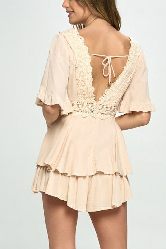 Off the shoulder puff sleeved tiered mini romper