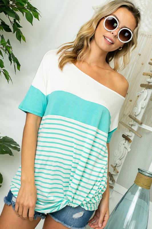 SOLID STRIPE MIX ONE SHOULDER TOP