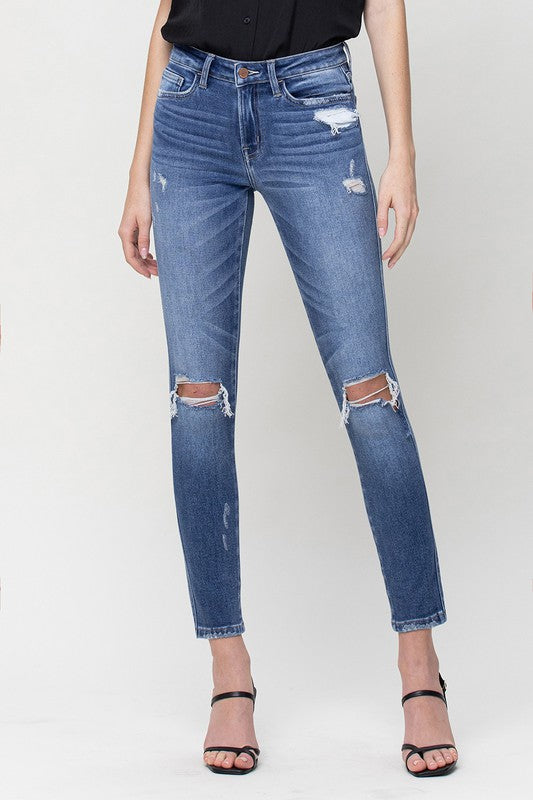 Distressed Mid Rise Ankle Skinny