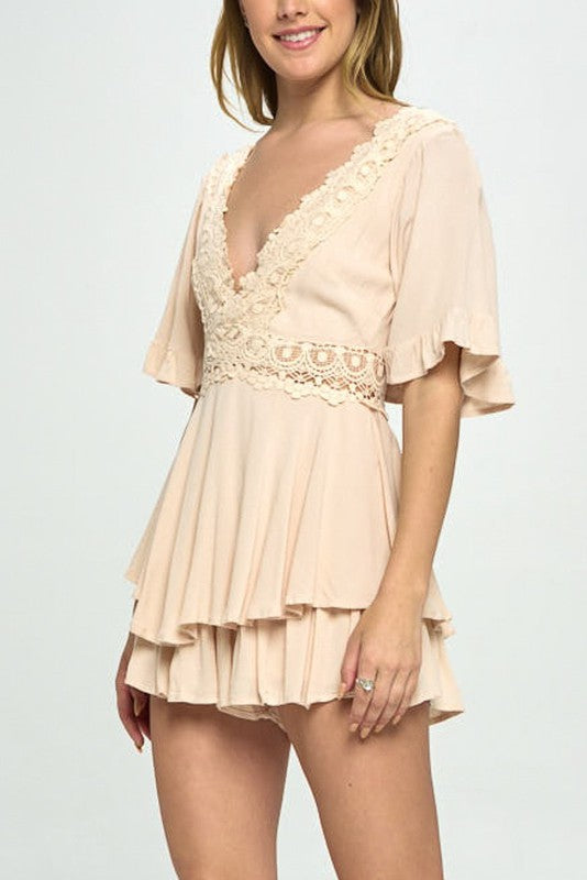 Off the shoulder puff sleeved tiered mini romper