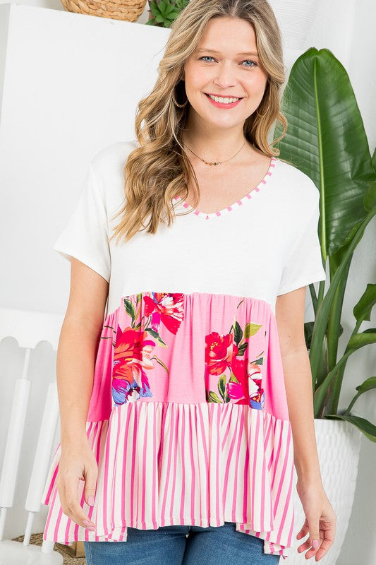 FLORAL MIXED COLORBLOCK TIERED TOP