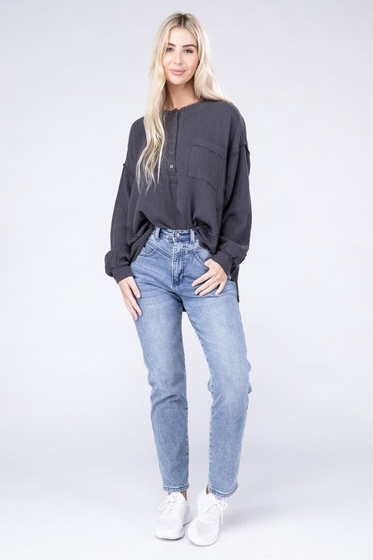 Double Gauze Oversized 3/4 Button Henley Neck Top