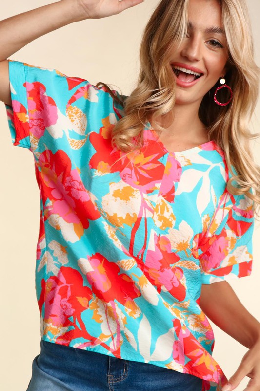 PLUS DROP SHOULDER DOLMAN BANDED FLORAL WOVEN TOP