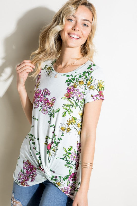 FLORAL JERSEY FRONT TWIST TUNIC TOP