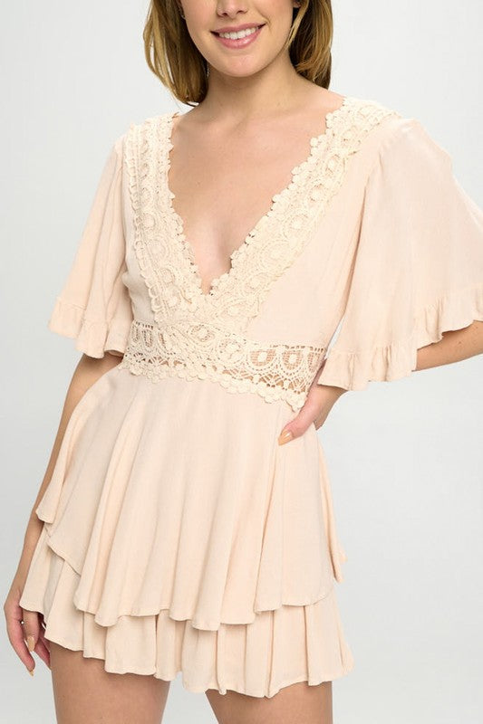 Off the shoulder puff sleeved tiered mini romper