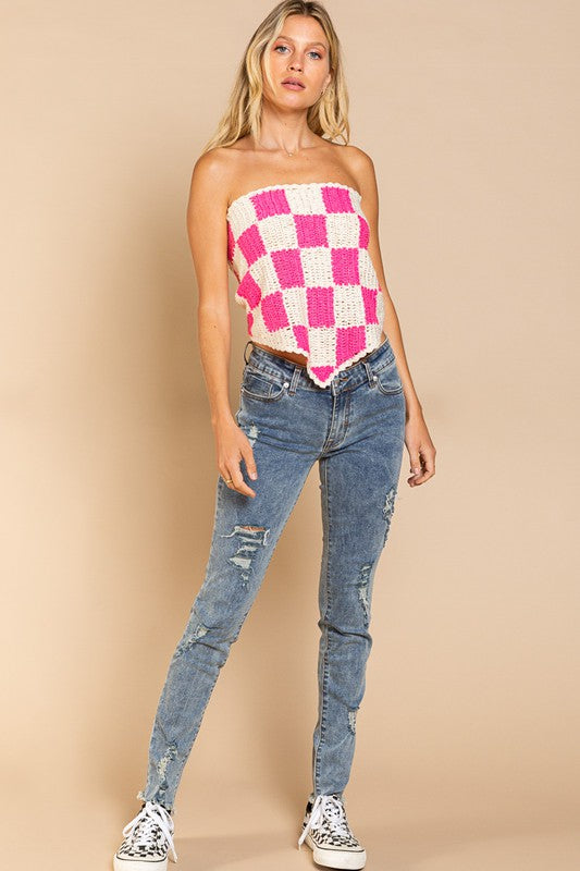 Checkerboard Pattern Tube Top Sweater