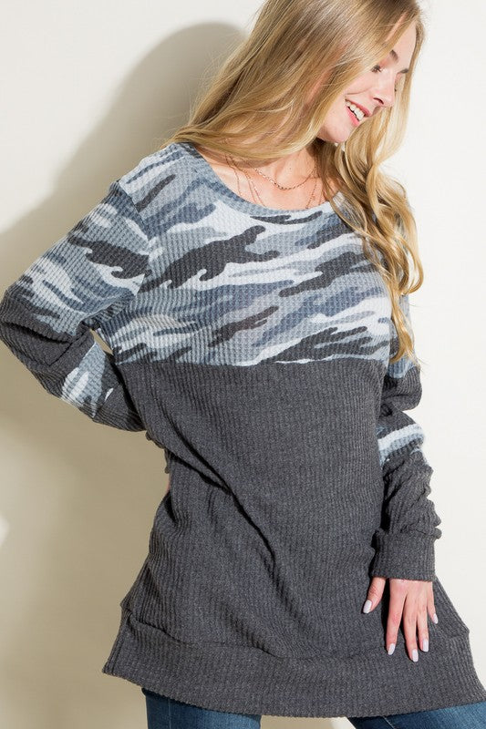 COZY CAMOUFLAGE SOLID MIX TUNIC TOP