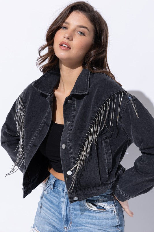 CROP DENIM JACKET WITH RHINESTONE FRINGE