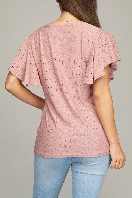 Embroidered eyelet top with wing sleeve