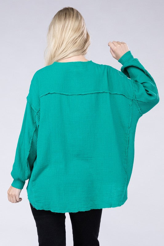 Double Gauze Oversized 3/4 Button Henley Neck Top