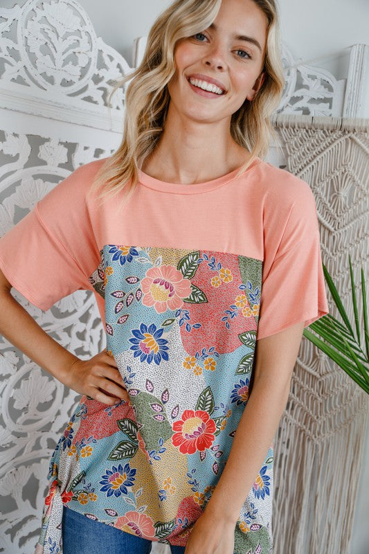 PLUS SOLID FLORAL MIXED BOXY TOP