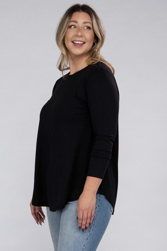 Plus Long Sleeve Round Neck Round Hem Top