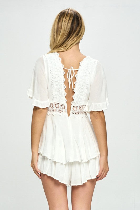 Off the shoulder puff sleeved tiered mini romper