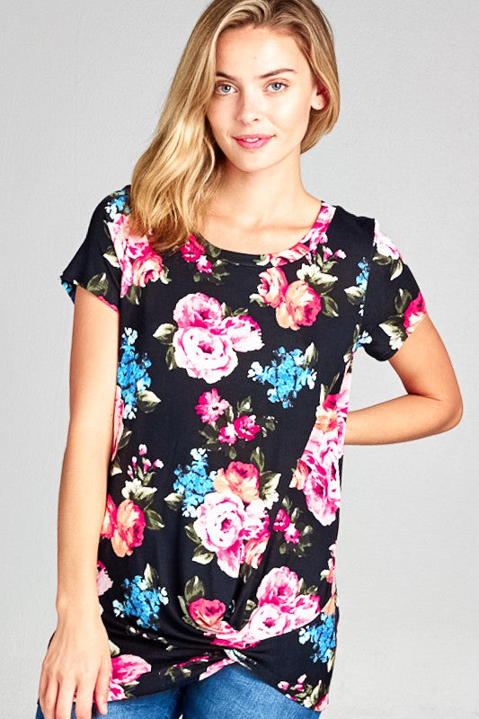 FLORAL PRINT TWIST BOTTOM TUNIC TOP