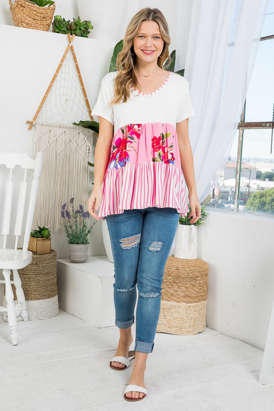 FLORAL MIXED COLORBLOCK TIERED TOP