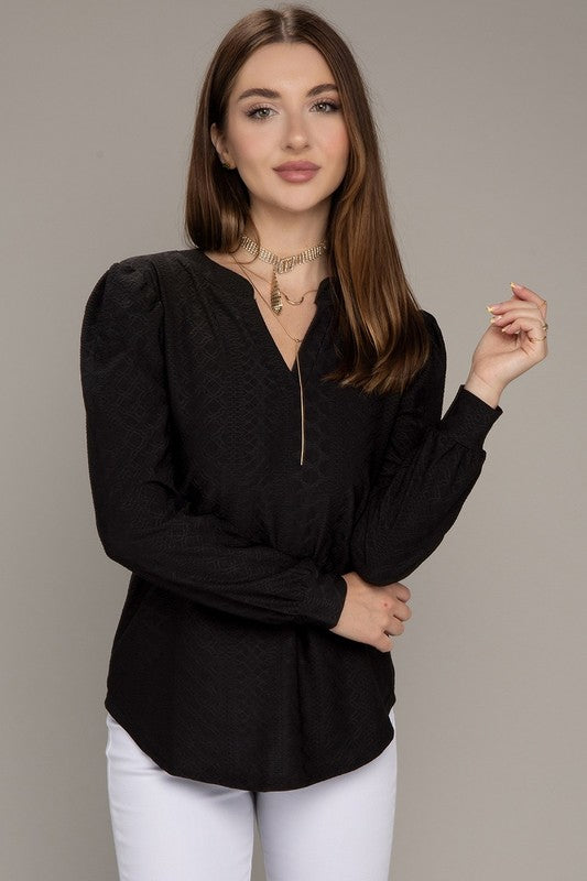 Notched neck jacquard top