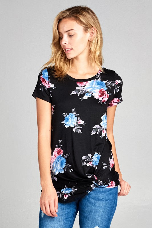 FLORAL ROUND NECK BOTTOM TWIST TUNIC TOP