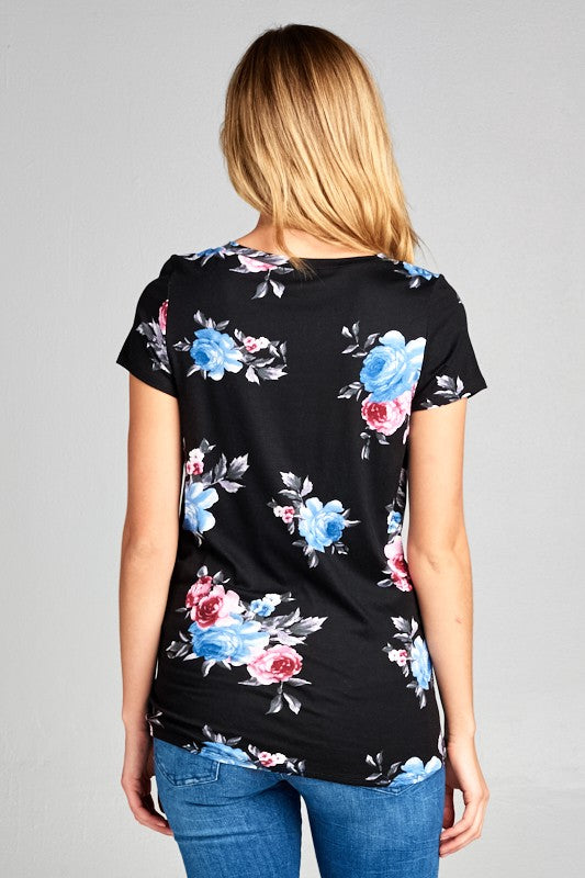 FLORAL ROUND NECK BOTTOM TWIST TUNIC TOP