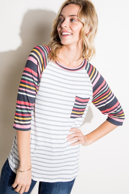 PLUS MULTI STRIPE MIXED POCKET TOP