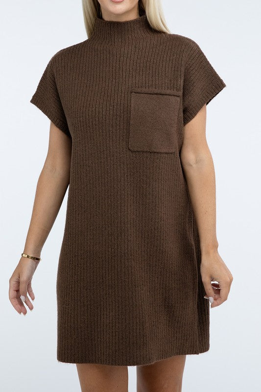 Mock Neck Short Sleeve Sweater Dress with Pocket