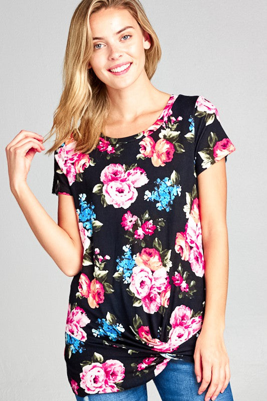 FLORAL PRINT TWIST BOTTOM TUNIC TOP