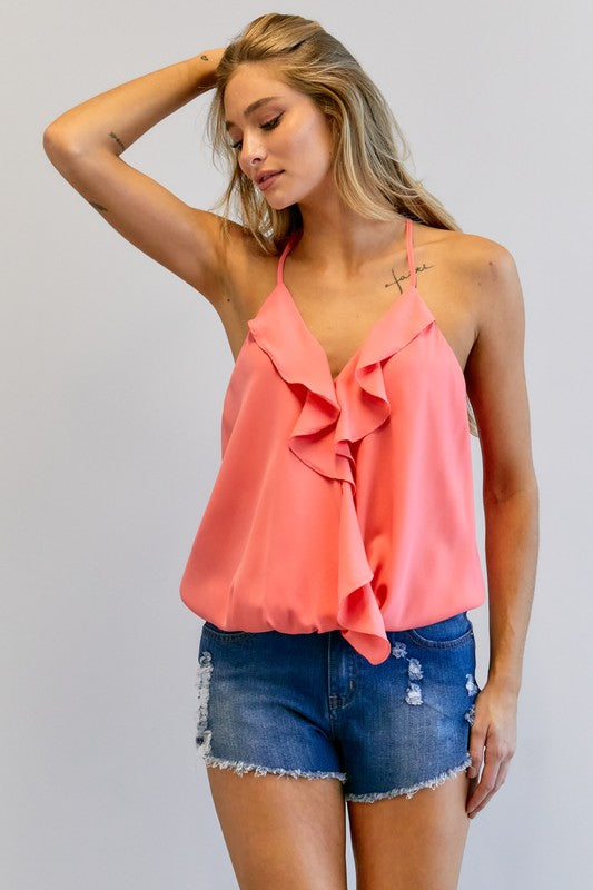 Solid V-Neck Sleeveless Ruffle Top