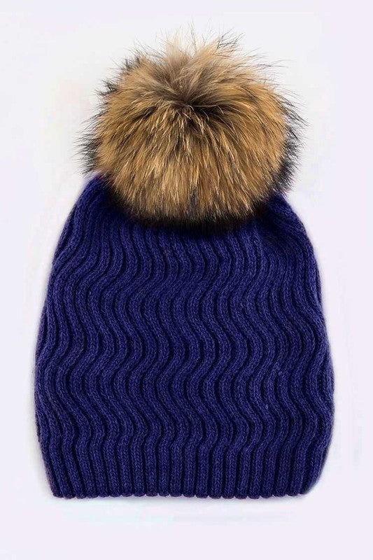 Raccoon Fur PomPom Chevron Knit Beanie