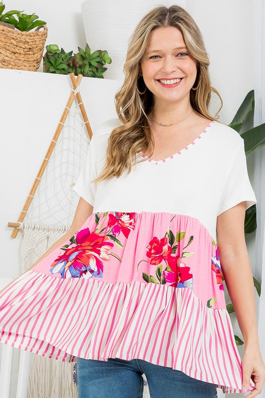 FLORAL MIXED COLORBLOCK TIERED TOP