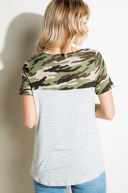 PIN STRIPE CAMO MIX POCKET TOP