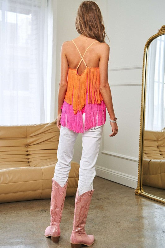 Fringe Overlay Cross Straps Party Cami Top