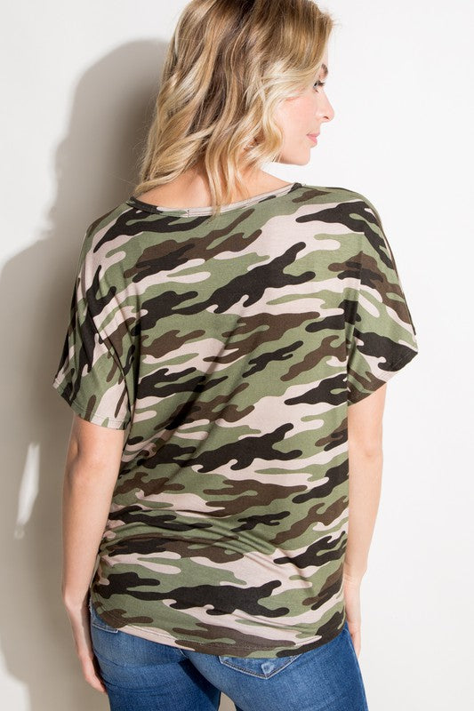 CAMO V NECK BUTTON DOWN TOP