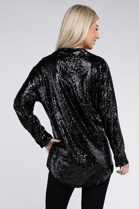 Sequin Collared Button Up Shirt