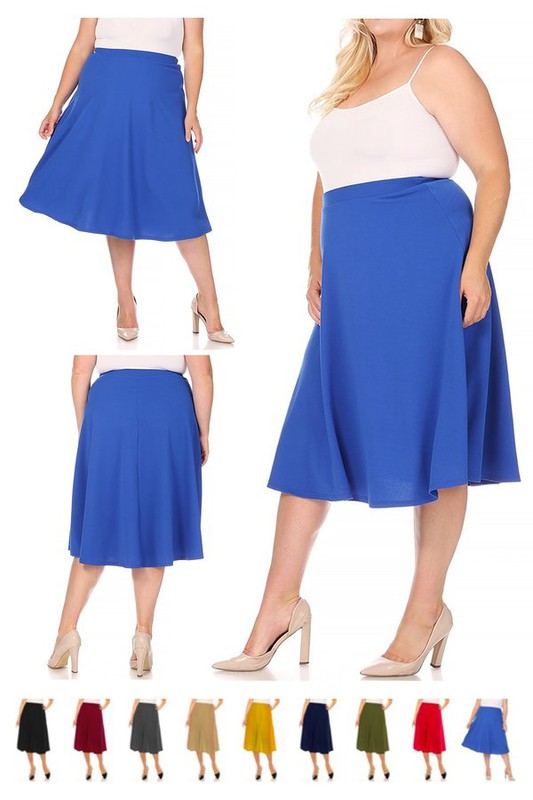 Solid high waisted, A-line, midi skirt