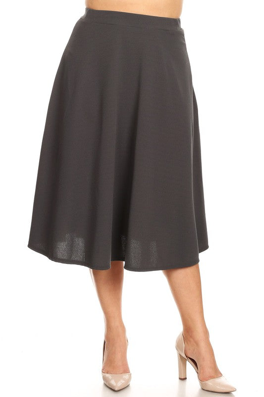 Solid high waisted, A-line, midi skirt