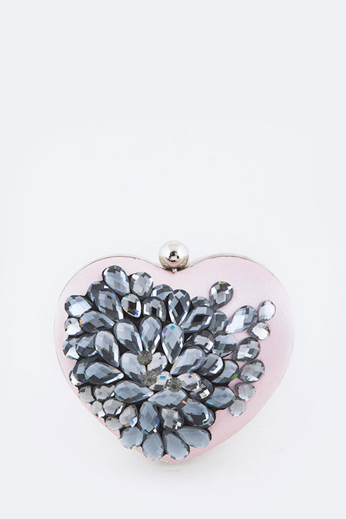 Crystal Flower Statement Satin Heart Shape Clutch