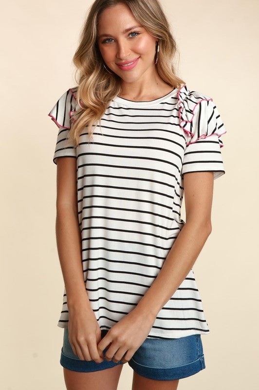 STRIPE DOUBLE RUFFLE FRILL SHORT SLEEVE TOP