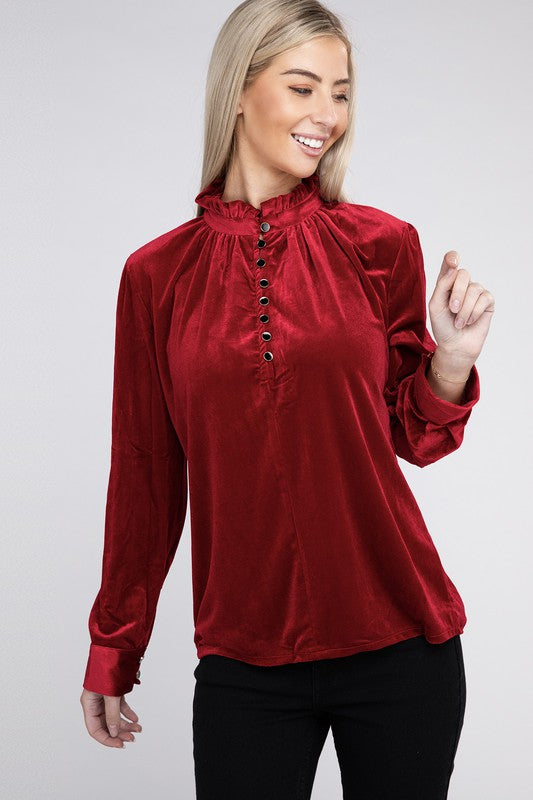 Frill Notched Neckline Velvet Blouse