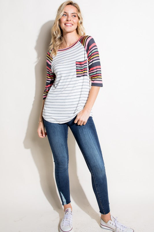 PLUS MULTI STRIPE MIXED POCKET TOP